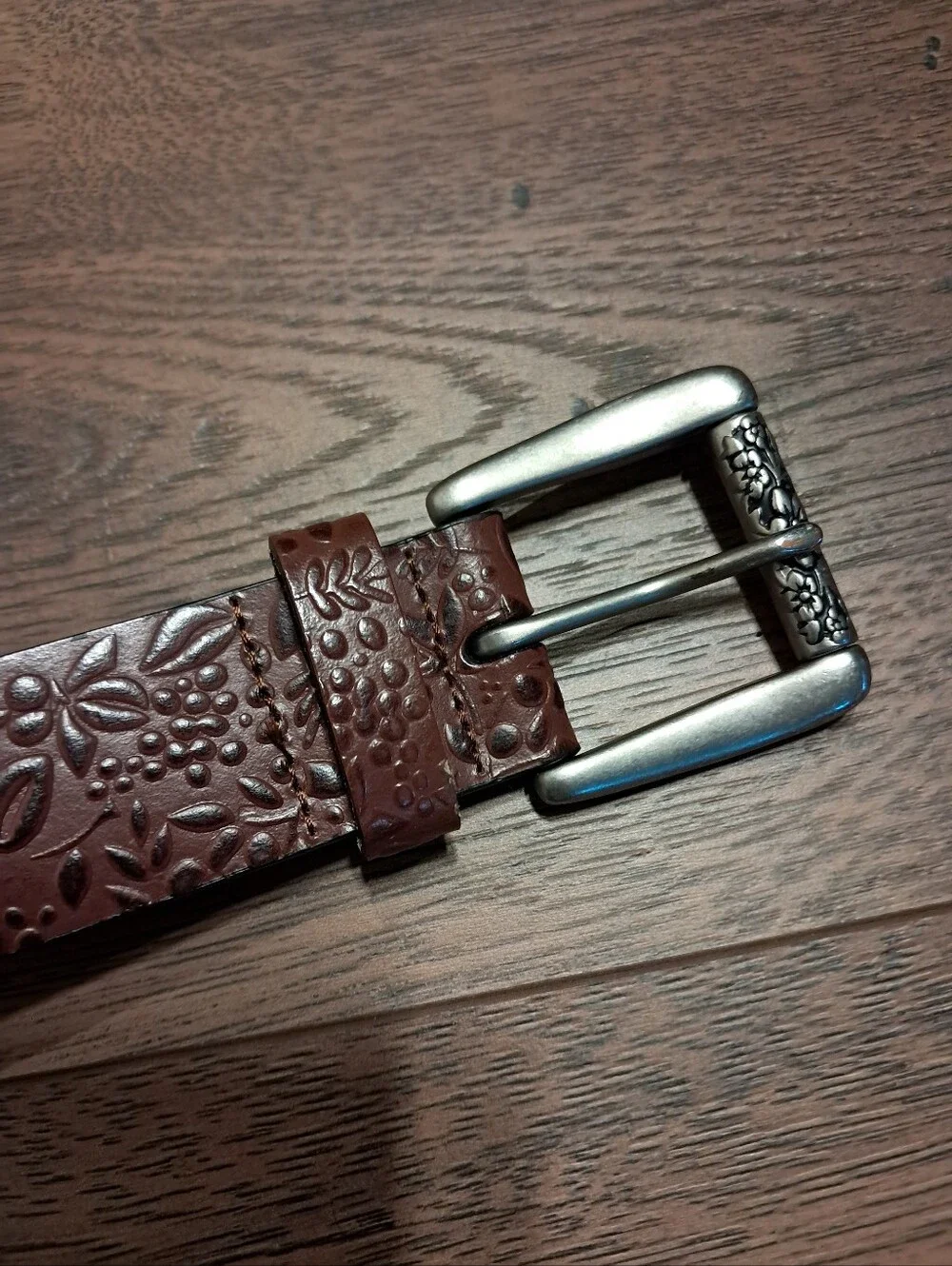 Women's Floral Embossed Brown Leather Belt with Decorative Buckle
